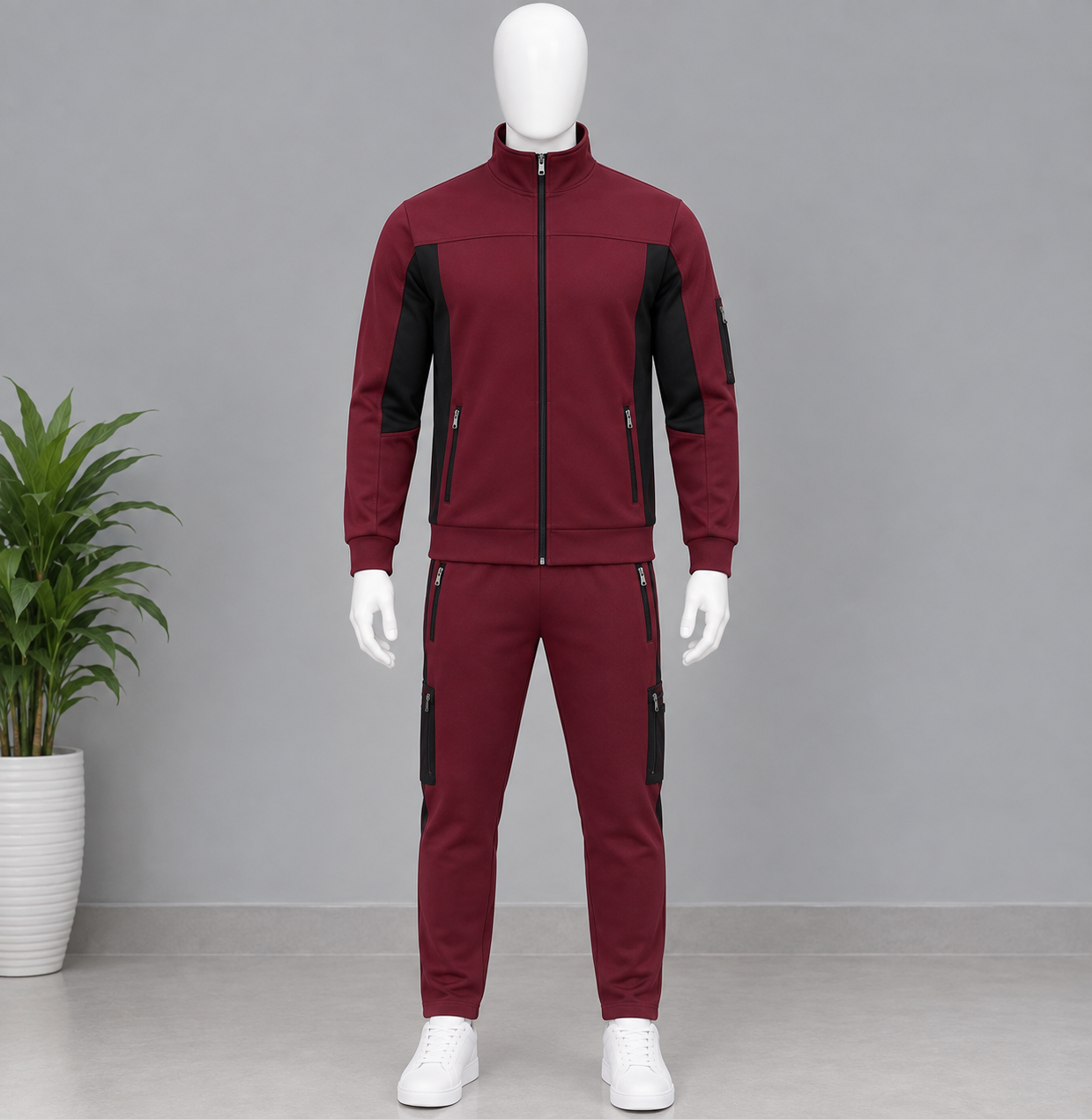 Men's Burgundy 2 Piece Tracksuit Set – Zip Up Jacket & Cargo Jogger Pants