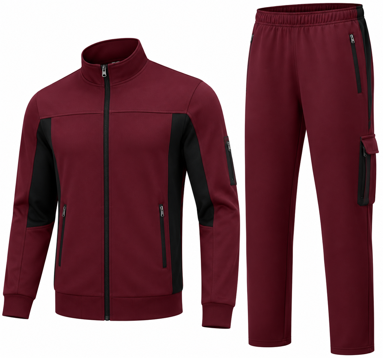 Men's Burgundy 2 Piece Tracksuit Set – Zip Up Jacket & Cargo Jogger Pants image 3
