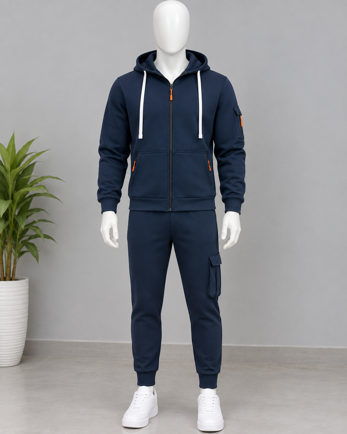 Men's Navy Blue 2 Piece Hooded Tracksuit Set – Zip Up Hoodie Jacket & Cargo Jogger Pants