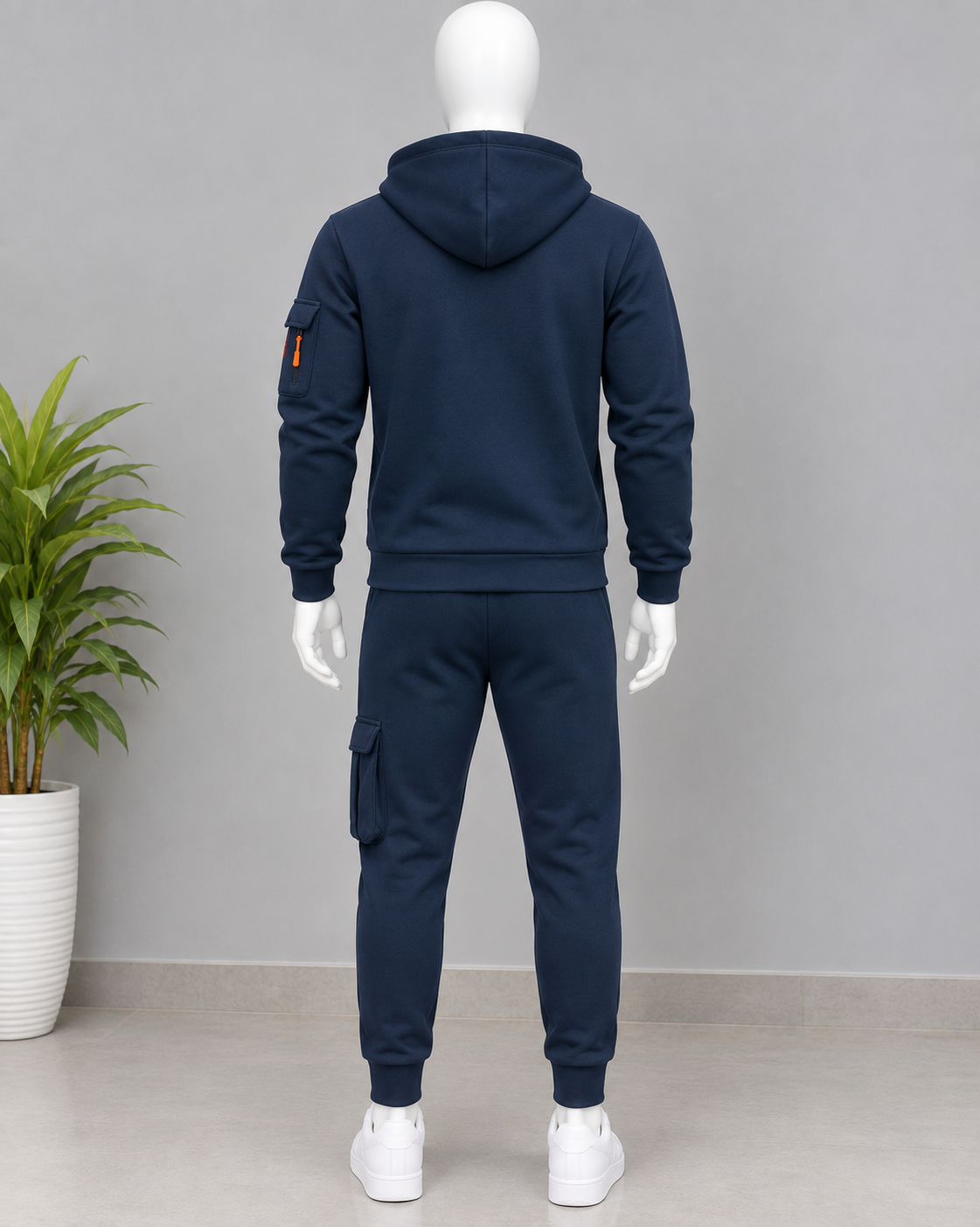 Men's Navy Blue 2 Piece Hooded Tracksuit Set – Zip Up Hoodie Jacket & Cargo Jogger Pants image 2