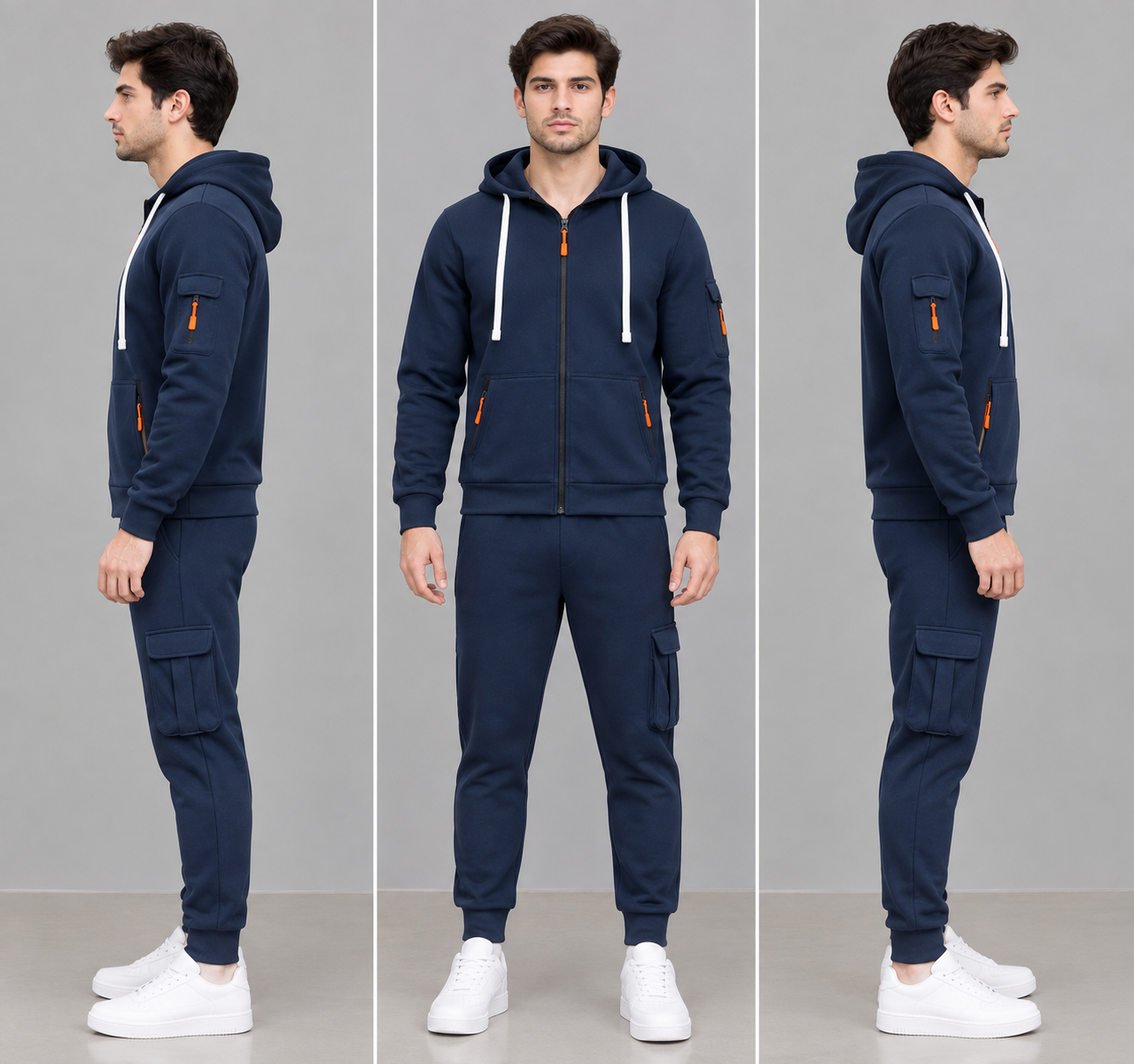 Men's Navy Blue 2 Piece Hooded Tracksuit Set – Zip Up Hoodie Jacket & Cargo Jogger Pants image 3
