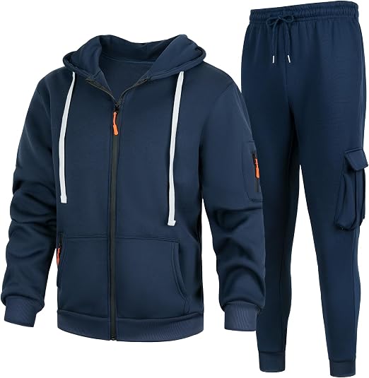 Men's Navy Blue 2 Piece Hooded Tracksuit Set – Zip Up Hoodie Jacket & Cargo Jogger Pants image 4