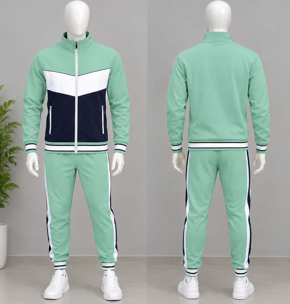 Men's Mint Green 2 Piece Tracksuit Set – Color Block Zip Up Jacket & Jogger Pants