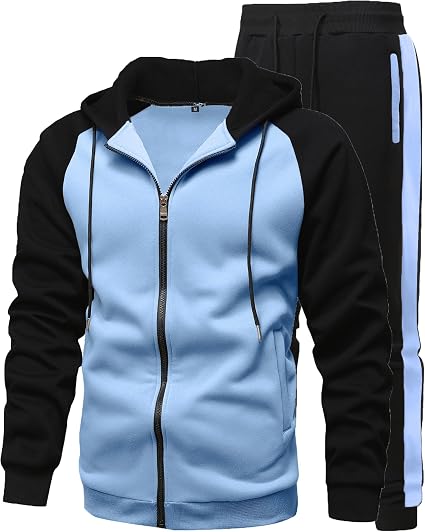 Men's Black & Light Blue 2 Piece Hooded Tracksuit Set – Zip Jacket & Jogger Pants