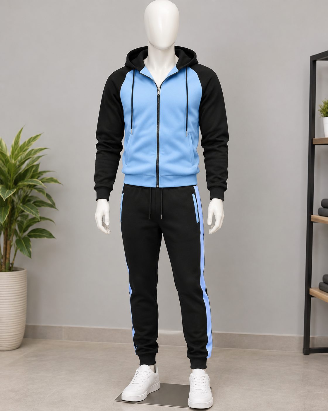 Men's Black & Light Blue 2 Piece Hooded Tracksuit Set – Zip Jacket & Jogger Pants image 3
