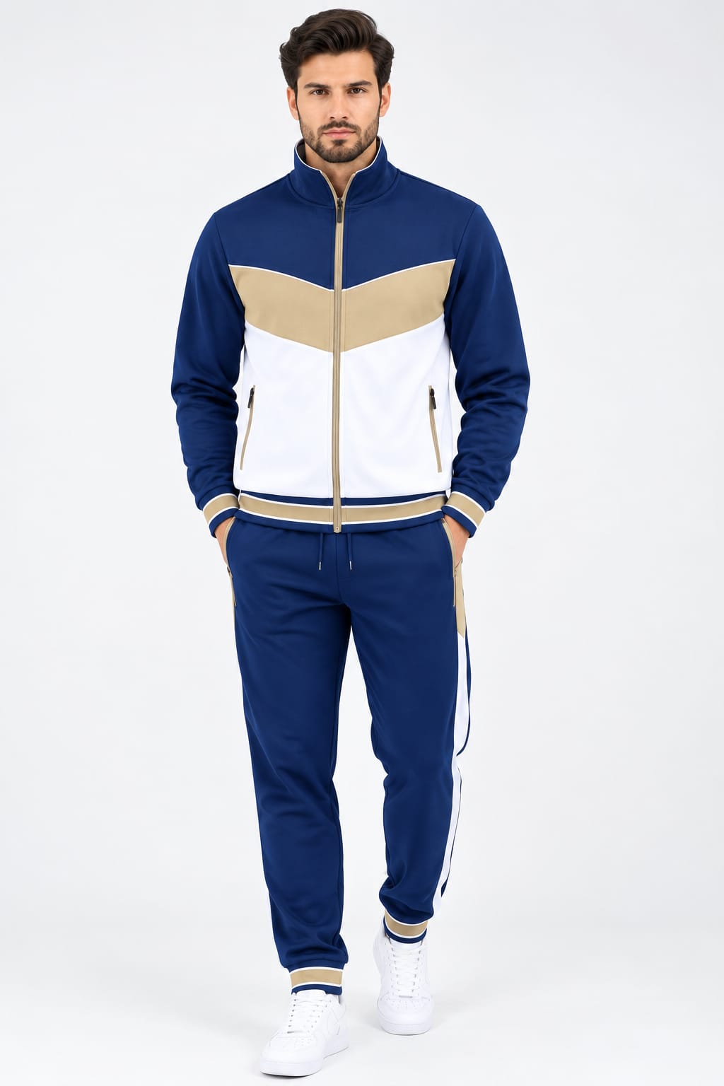 Men's Navy Blue 2 Piece Hooded Tracksuit Set – Zip Up Hoodie Jacket & Cargo Jogger Pants