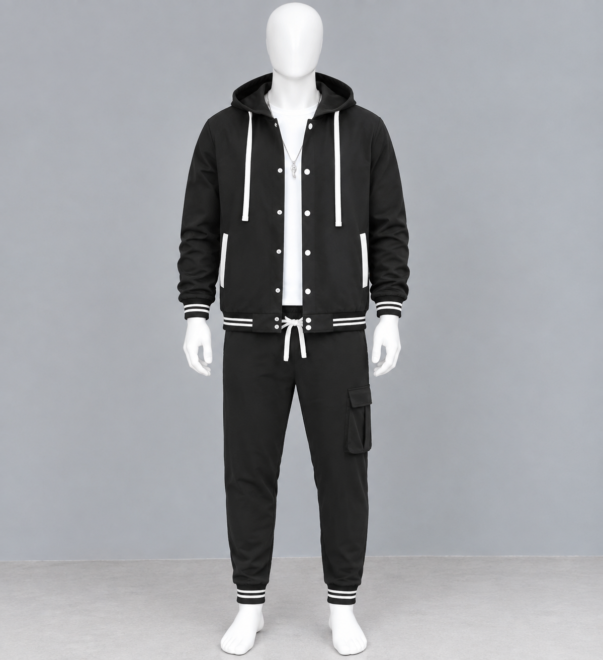 Men's Black 2 Piece Hooded Tracksuit Set – Varsity Style Jacket & Cargo Jogger Pants