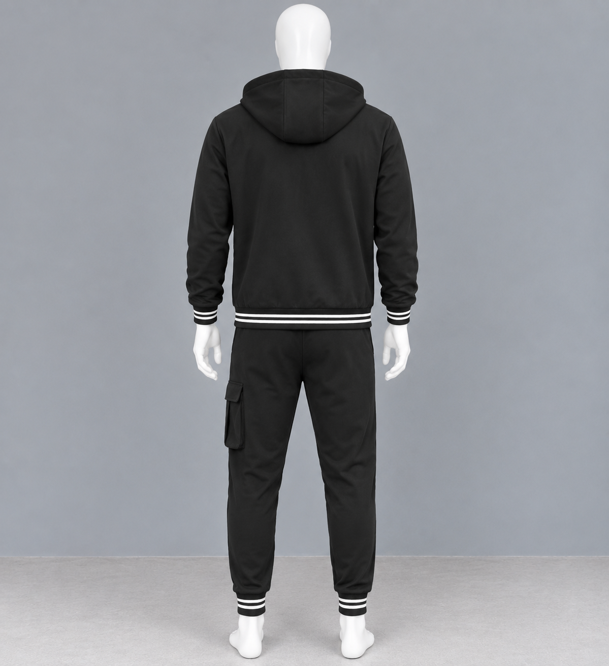 Men's Black 2 Piece Hooded Tracksuit Set – Varsity Style Jacket & Cargo Jogger Pants image 2