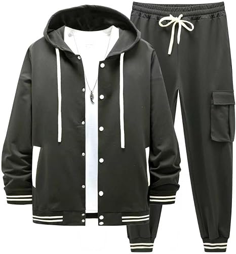Men's Black 2 Piece Hooded Tracksuit Set – Varsity Style Jacket & Cargo Jogger Pants image 3