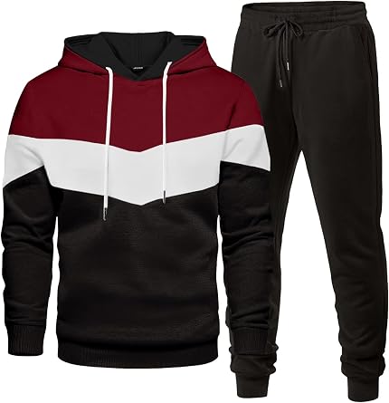 Men's Burgundy White Black Color Block Hoodie Set