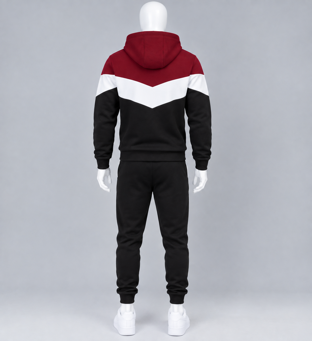 Men's Burgundy White Black Color Block Hoodie Set image 2