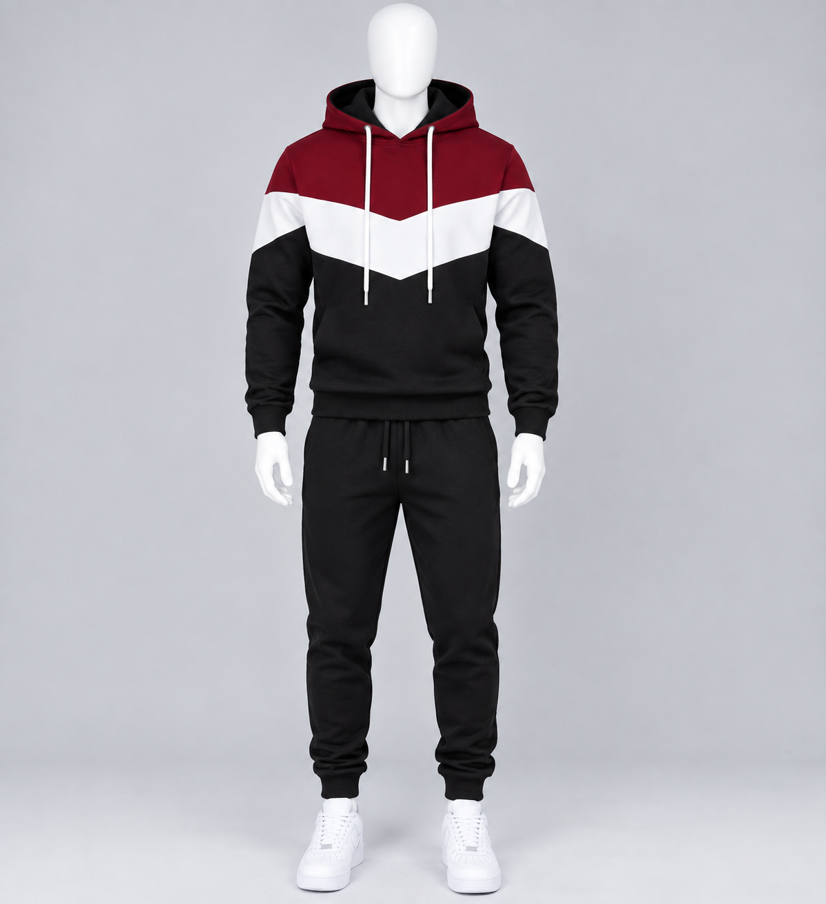Men's Burgundy White Black Color Block Hoodie Set image 3