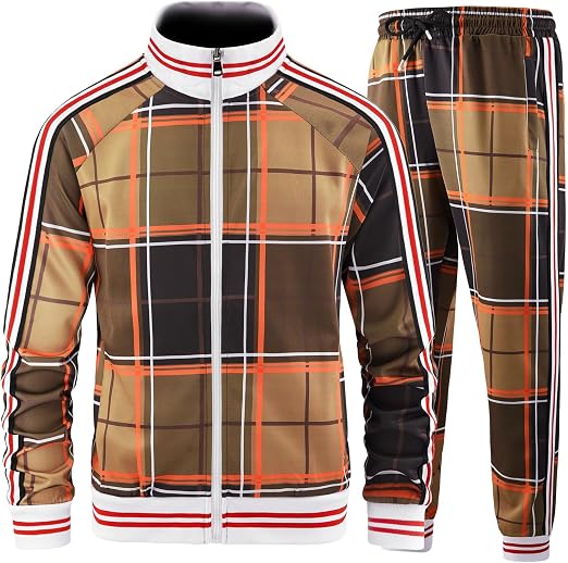 Men's Brown Plaid Track Jacket & Jogger Pants Set