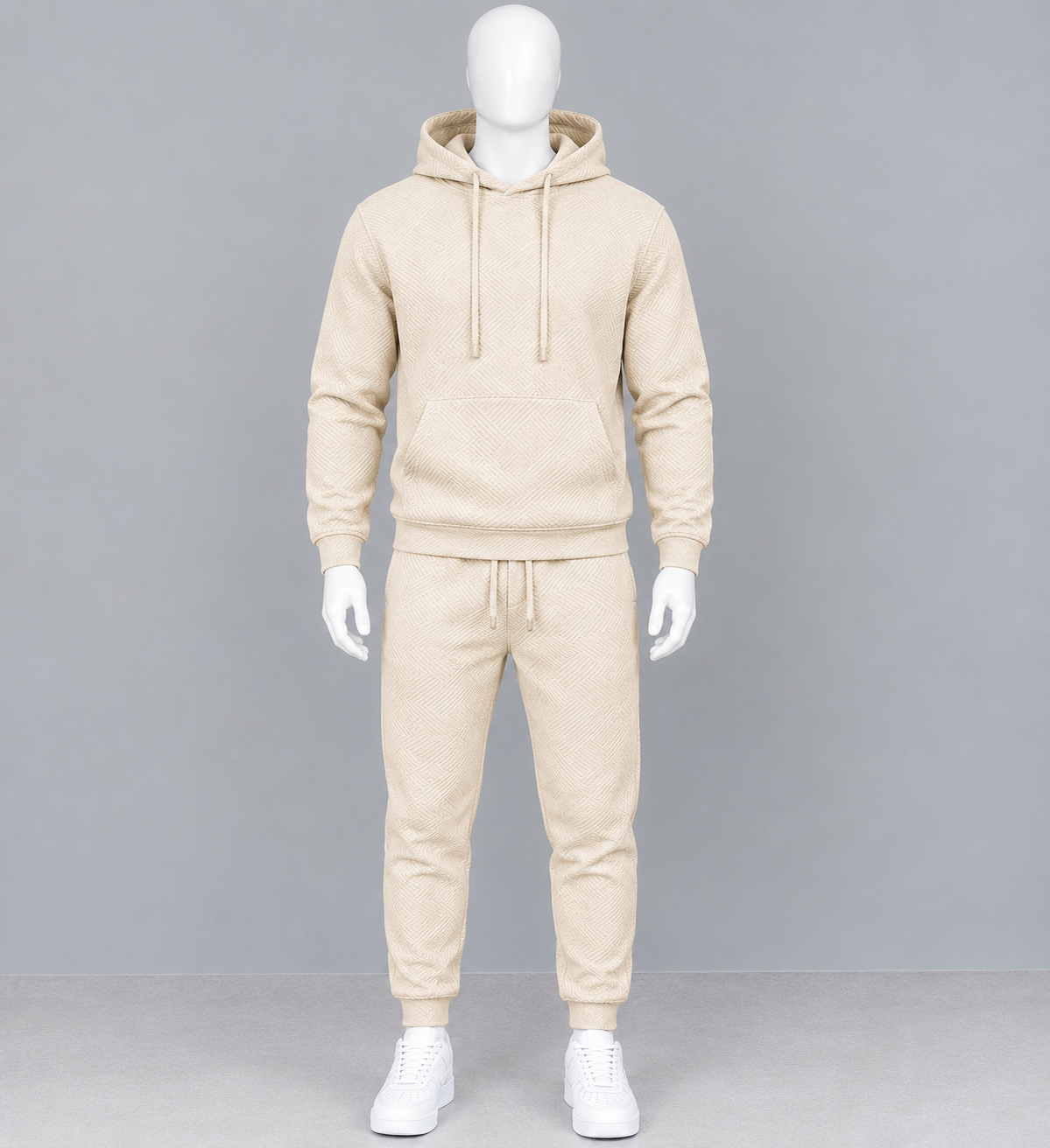 Men's Cream Textured Hoodie & Jogger Tracksuit Set