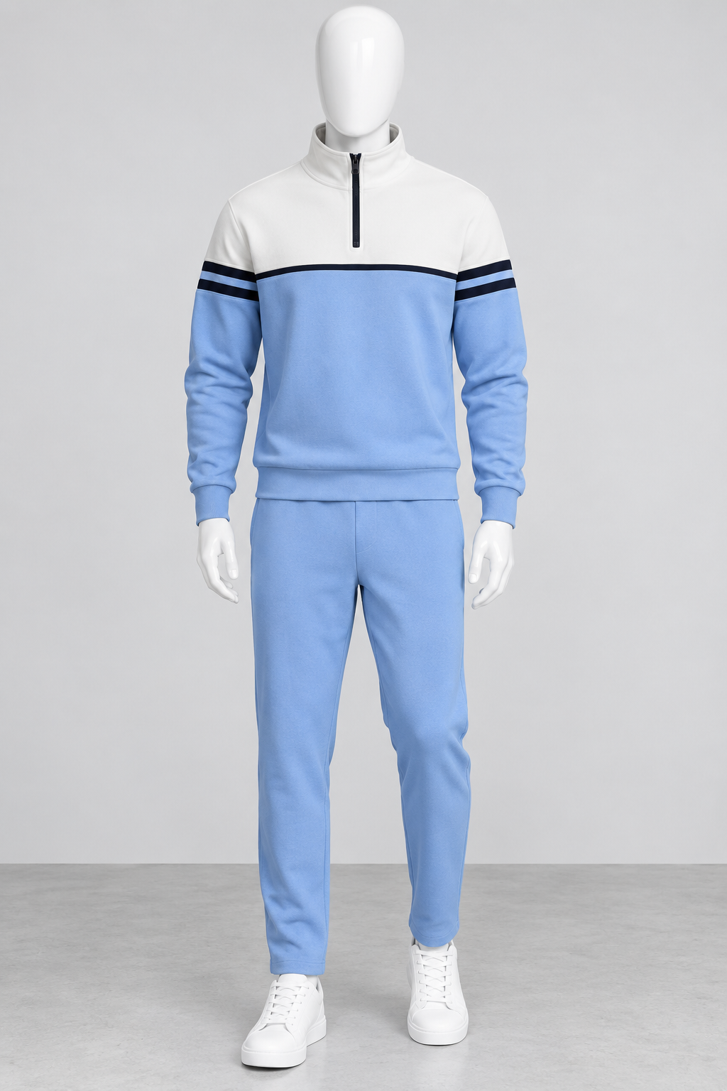 Men's Sky Blue & White Quarter-Zip Tracksuit Set with Matching Jogger Pants