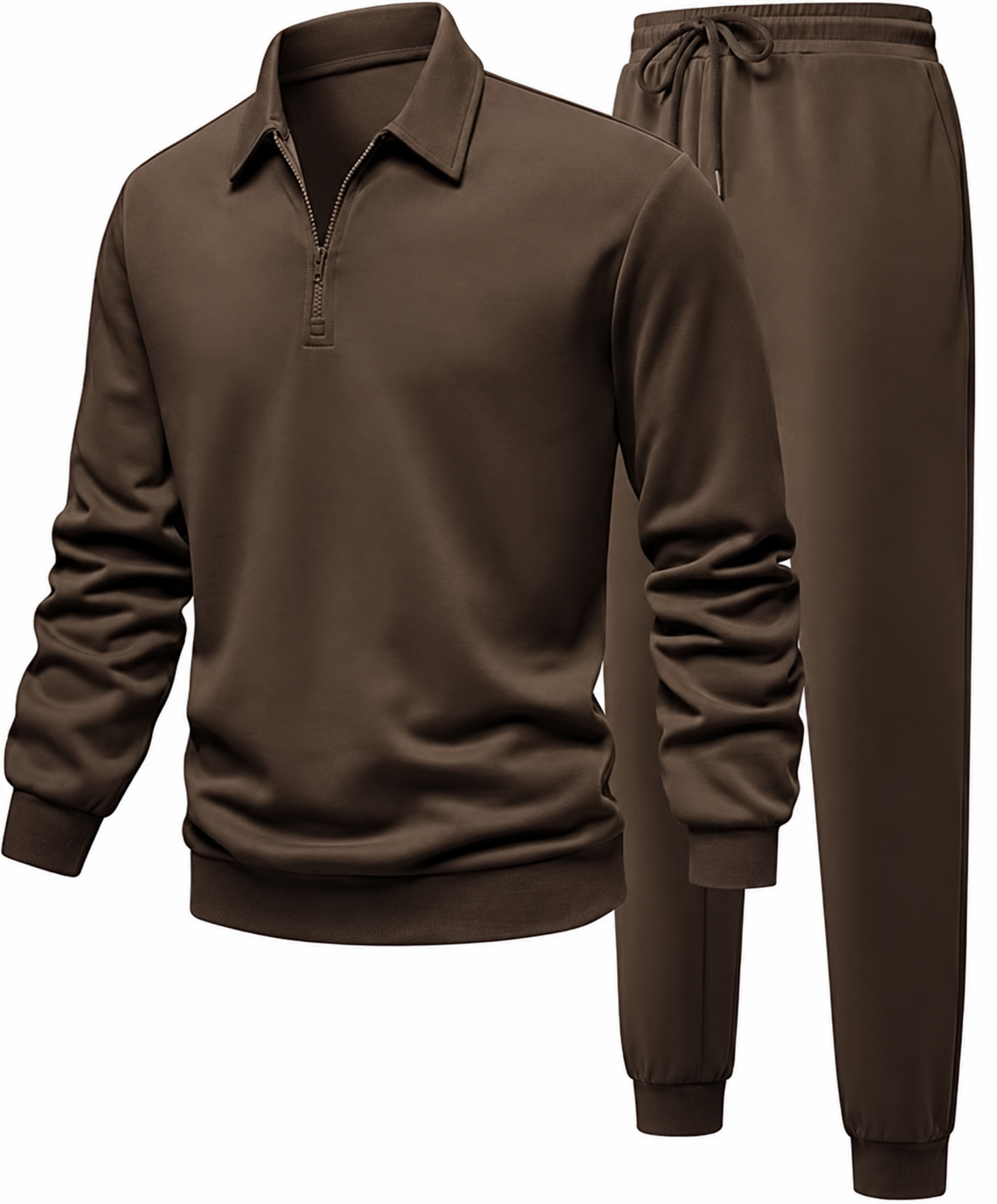 Men’s Brown Half Zip Tracksuit Set – Premium Collared Sweatshirt & Jogger Pants