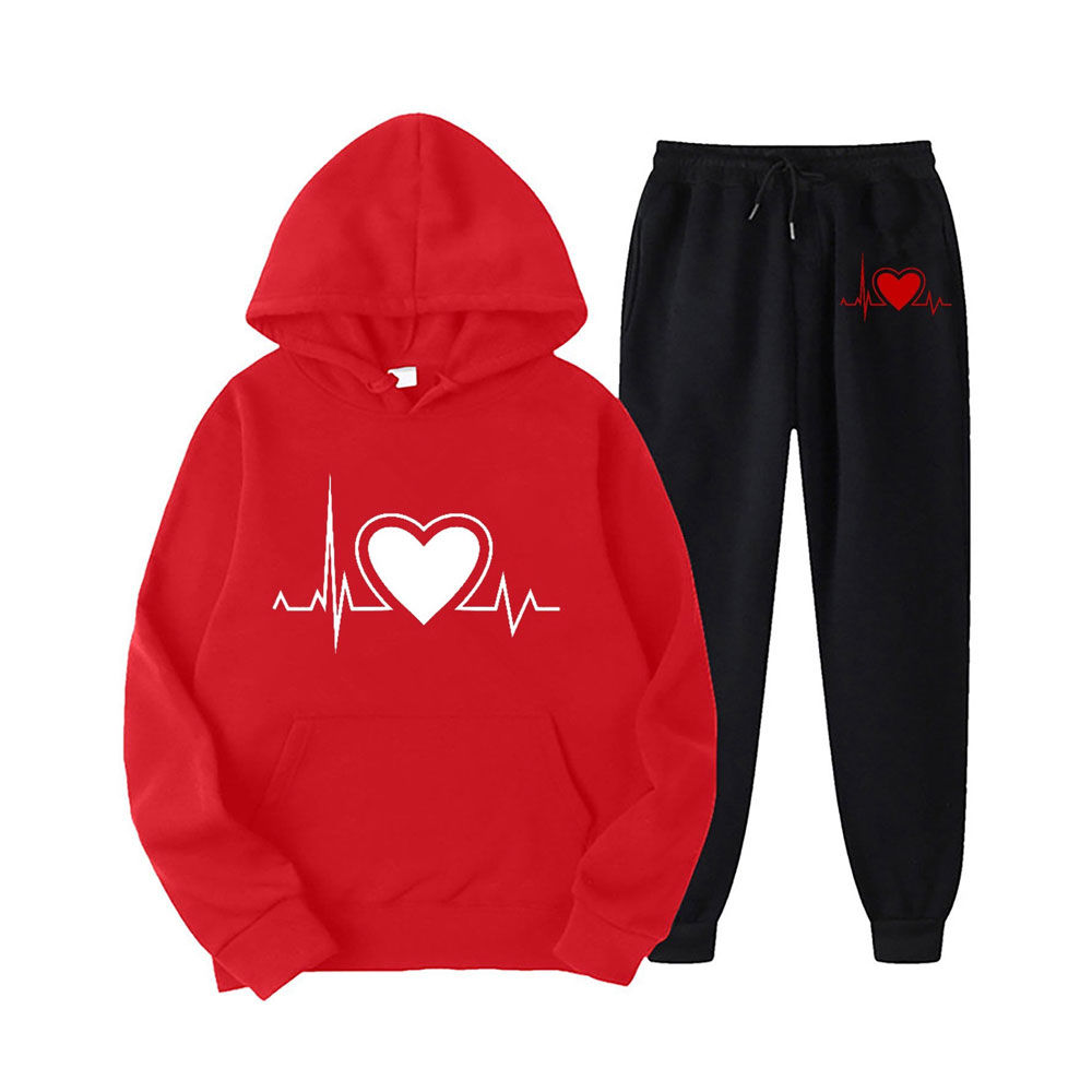 Women’s Red Heartbeat Hoodie Tracksuit Set – Red Pullover Hoodie & Black Jogger Pants