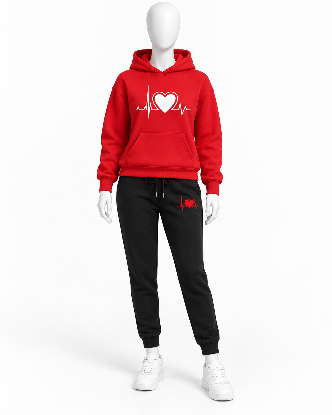 Women’s Red Heartbeat Hoodie Tracksuit Set – Red Pullover Hoodie & Black Jogger Pants image 2