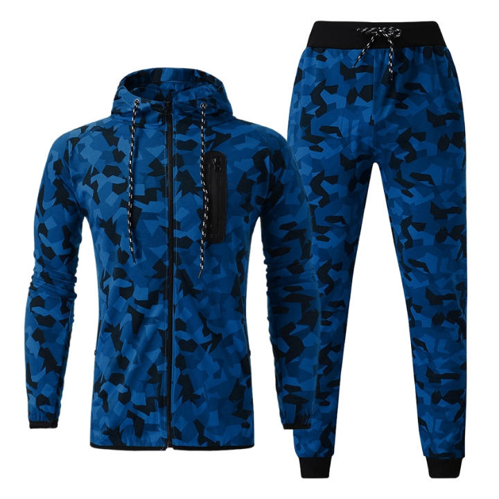 Men’s Blue Camouflage Tracksuit Set – Full Zip Hooded Jacket & Jogger Pants