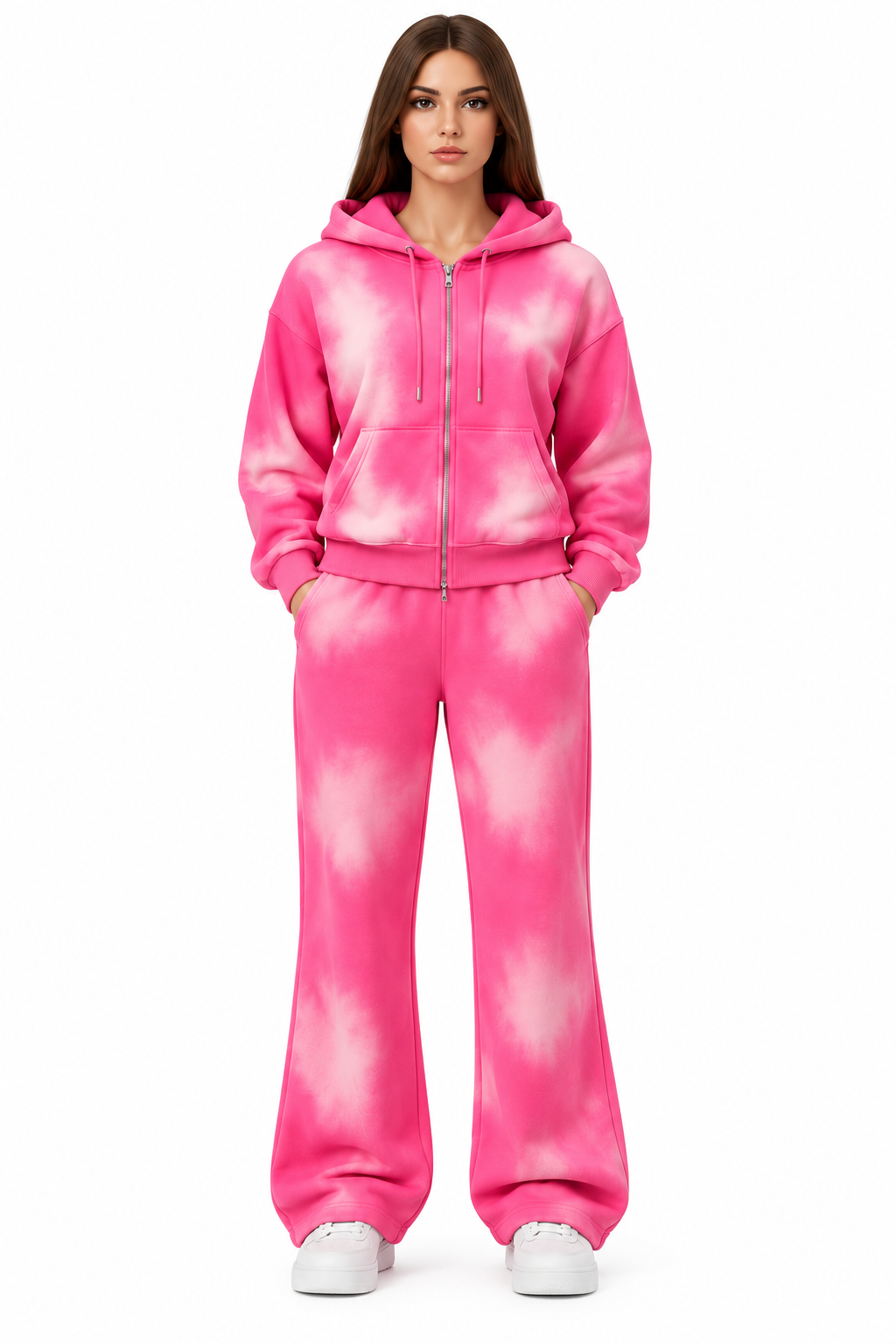 Women’s Pink Tie-Dye Hoodie Tracksuit Set – Zip Hoodie & Wide Leg Sweatpants