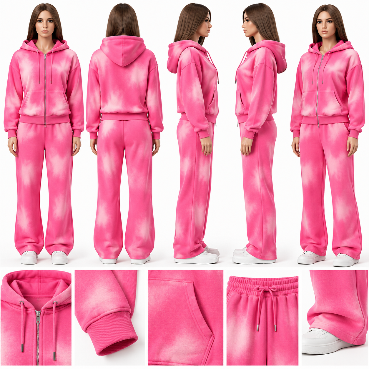 Women’s Pink Tie-Dye Hoodie Tracksuit Set – Zip Hoodie & Wide Leg Sweatpants image 3