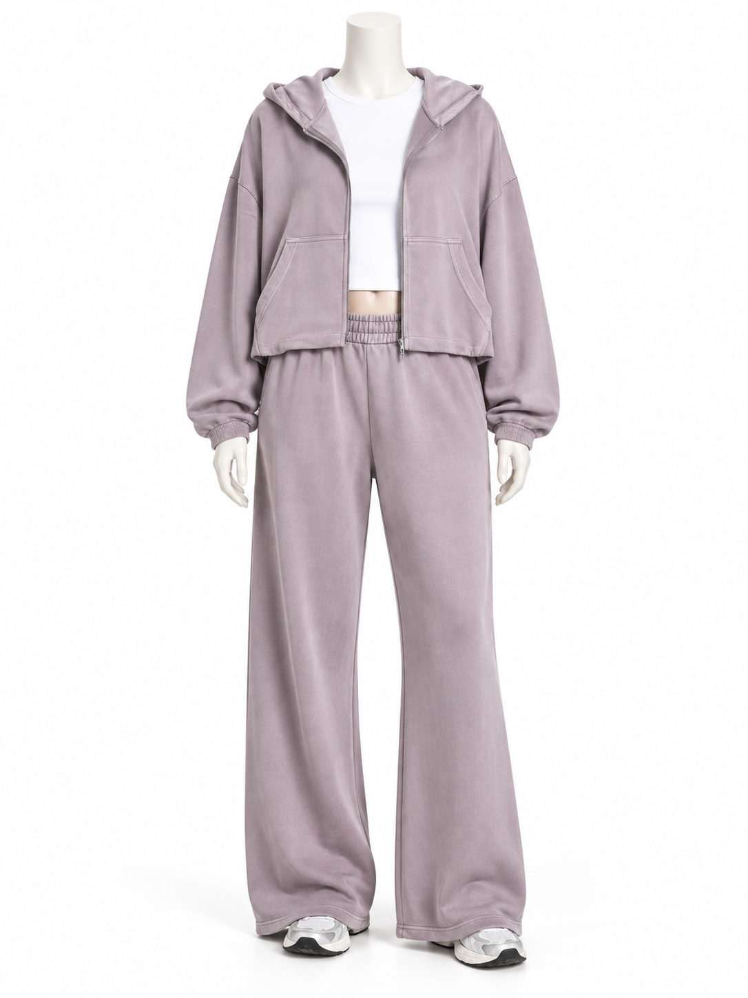 Women’s Dusty Mauve Washed Hoodie Tracksuit Set – Cropped Zip Hoodie & Wide Leg Sweatpants