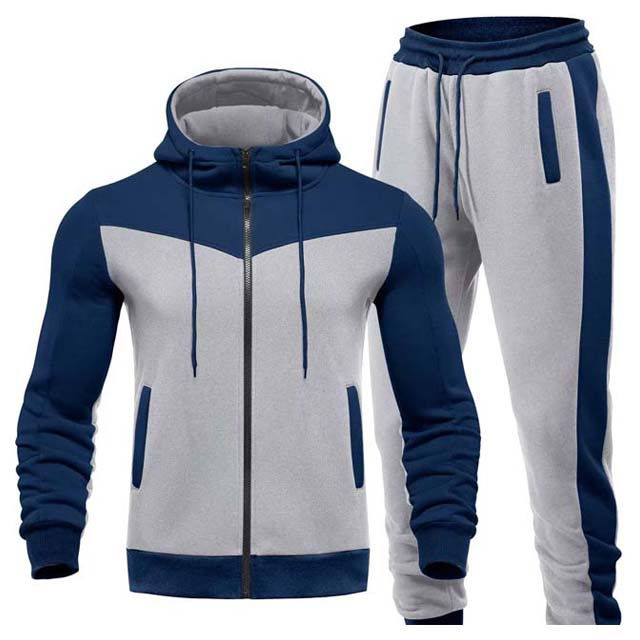 Men’s Navy Blue & Grey Hooded Tracksuit Set – Full Zip Jacket & Jogger Pants