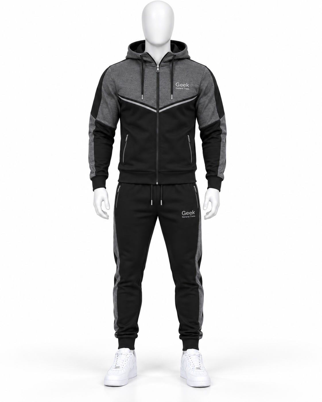 Men’s Black & Grey Branded Tracksuit Set – Full Zip Hoodie & Jogger Pants