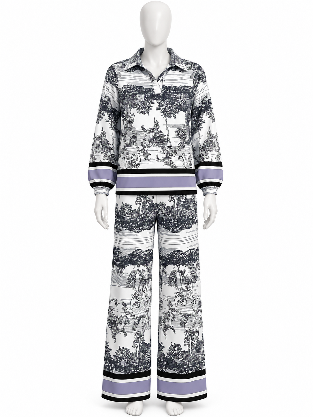 Women’s Black & White Toile Print Co-Ord Set – Collared Top & Wide Leg Pants