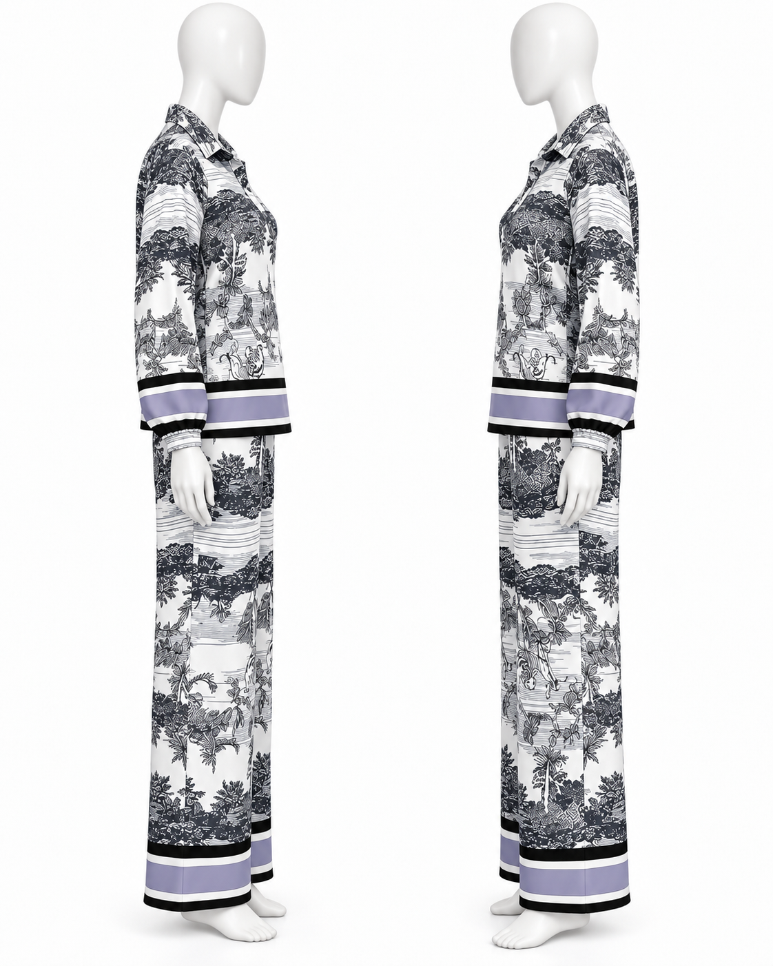 Women’s Black & White Toile Print Co-Ord Set – Collared Top & Wide Leg Pants image 2