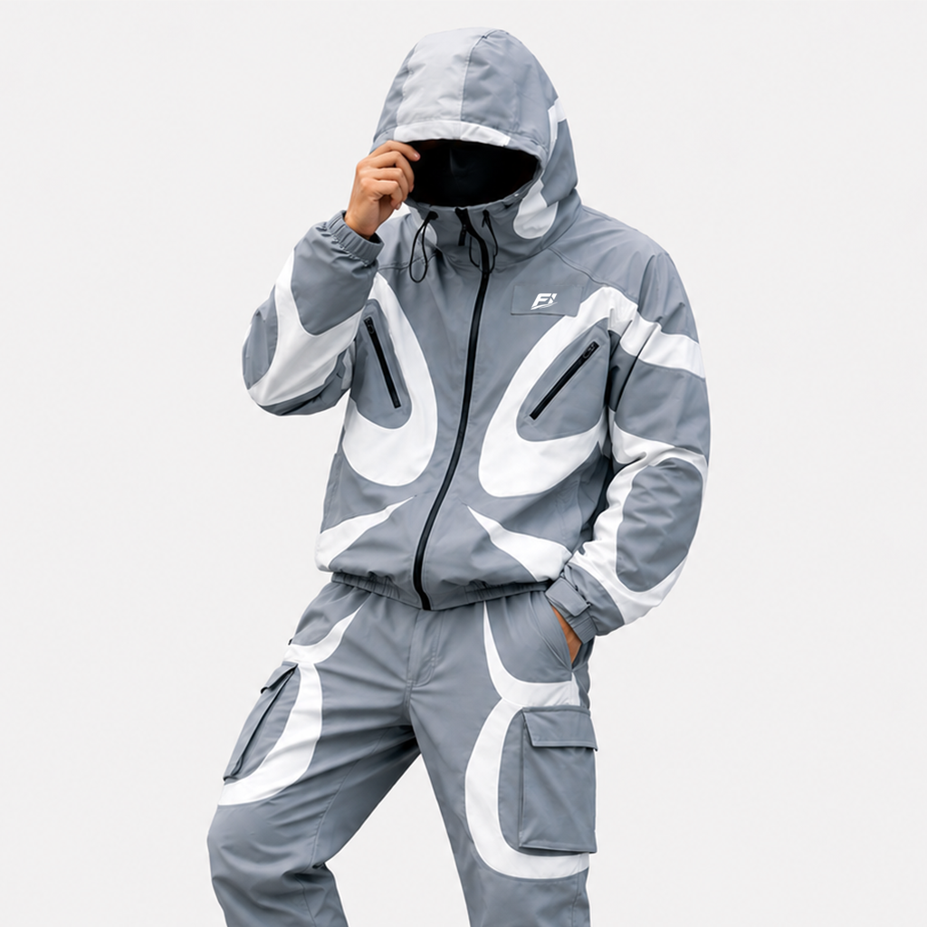 Men’s Grey & White Technical Tracksuit Set – Hooded Utility Jacket & Cargo Jogger Pants