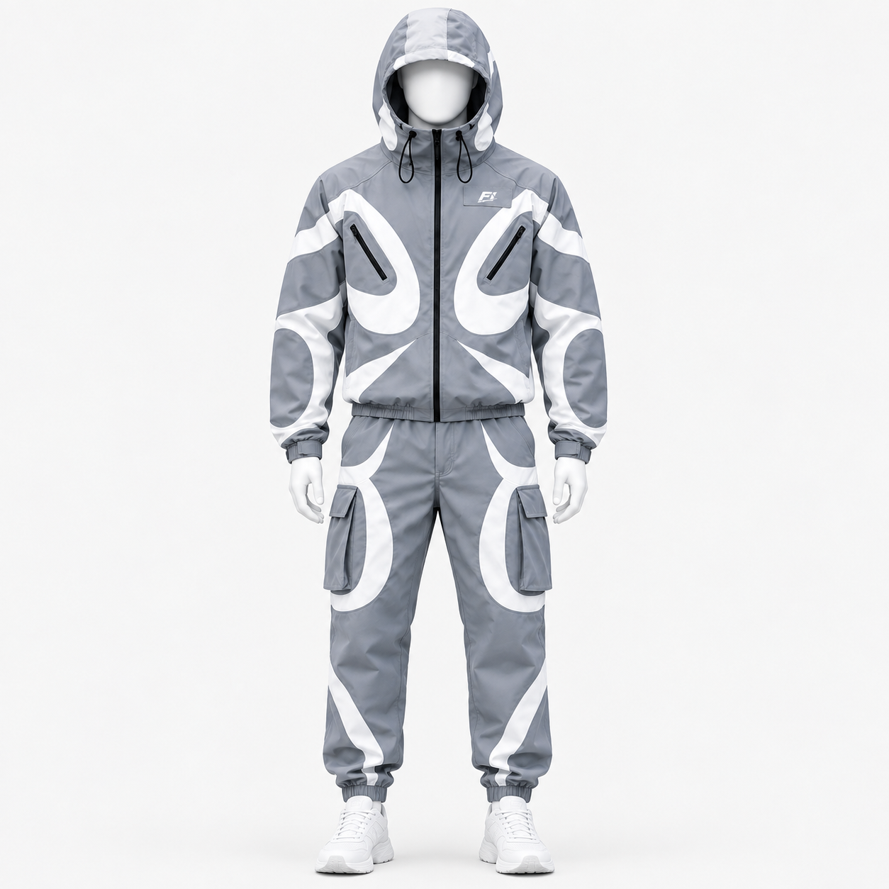 Men’s Grey & White Technical Tracksuit Set – Hooded Utility Jacket & Cargo Jogger Pants image 2