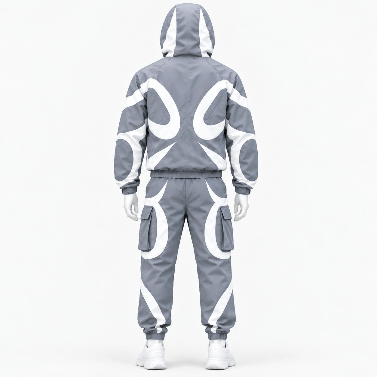 Men’s Grey & White Technical Tracksuit Set – Hooded Utility Jacket & Cargo Jogger Pants image 3