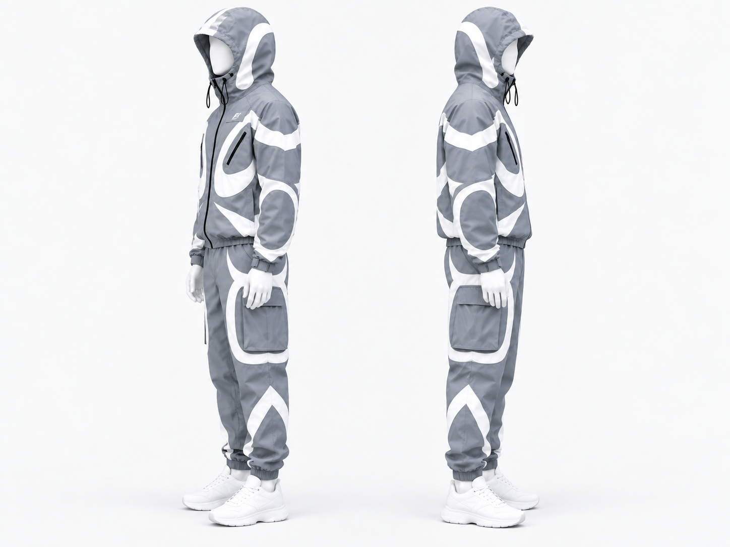 Men’s Grey & White Technical Tracksuit Set – Hooded Utility Jacket & Cargo Jogger Pants image 4