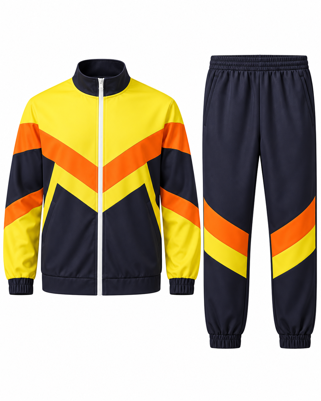 Men’s Yellow Orange & Navy Color Block Tracksuit Set – Full Zip Jacket & Jogger Pants