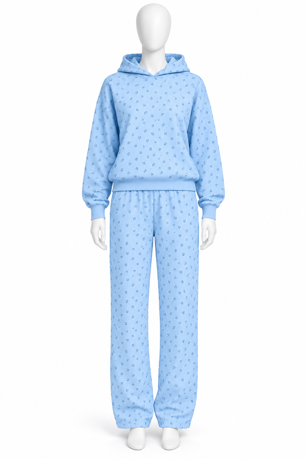 Women’s Light Blue Floral Tracksuit Set – Pullover Hoodie & Wide Leg Sweatpants