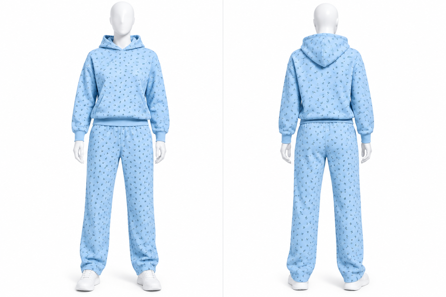 Women’s Light Blue Floral Tracksuit Set – Pullover Hoodie & Wide Leg Sweatpants image 2