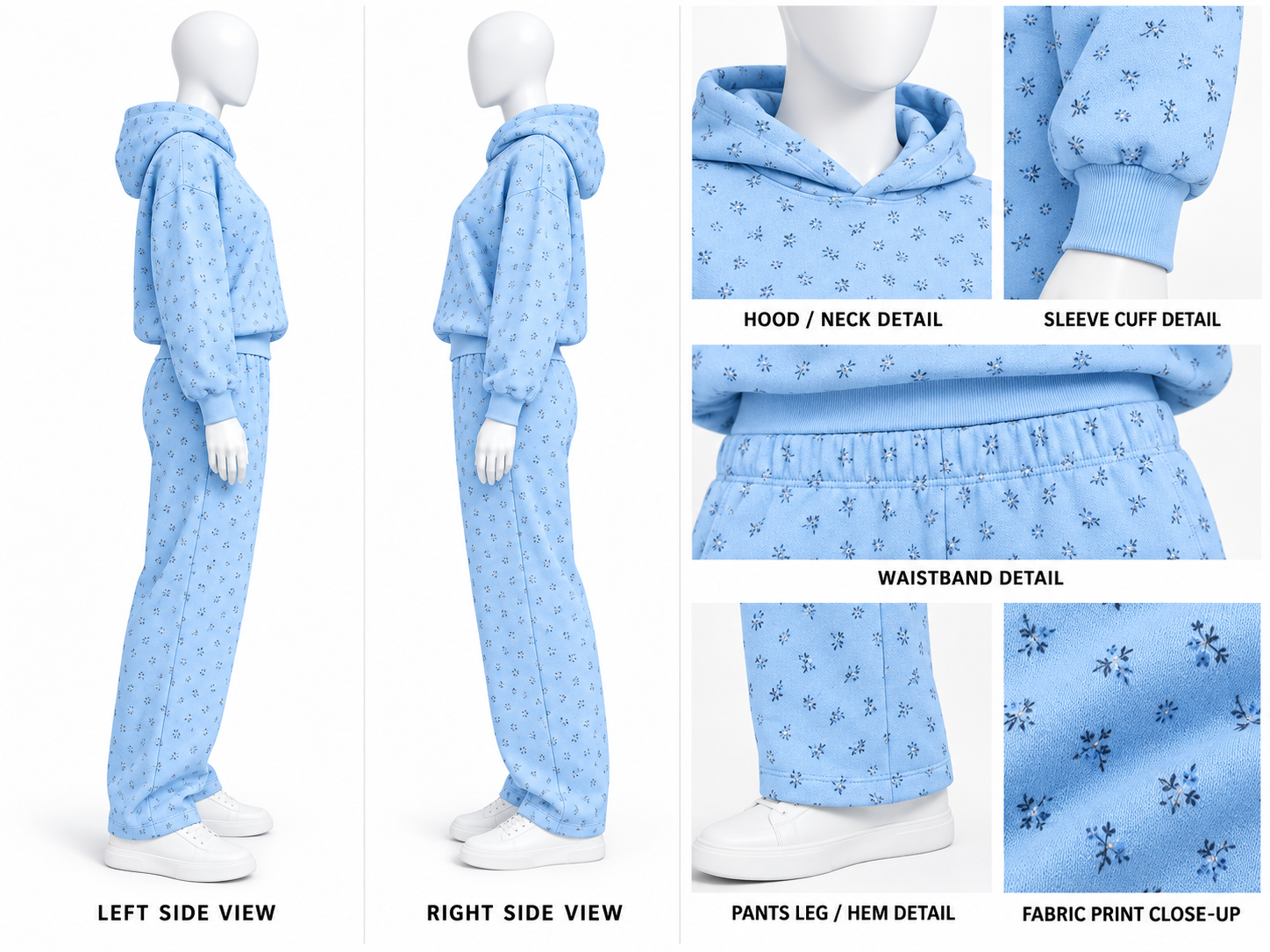 Women’s Light Blue Floral Tracksuit Set – Pullover Hoodie & Wide Leg Sweatpants image 3