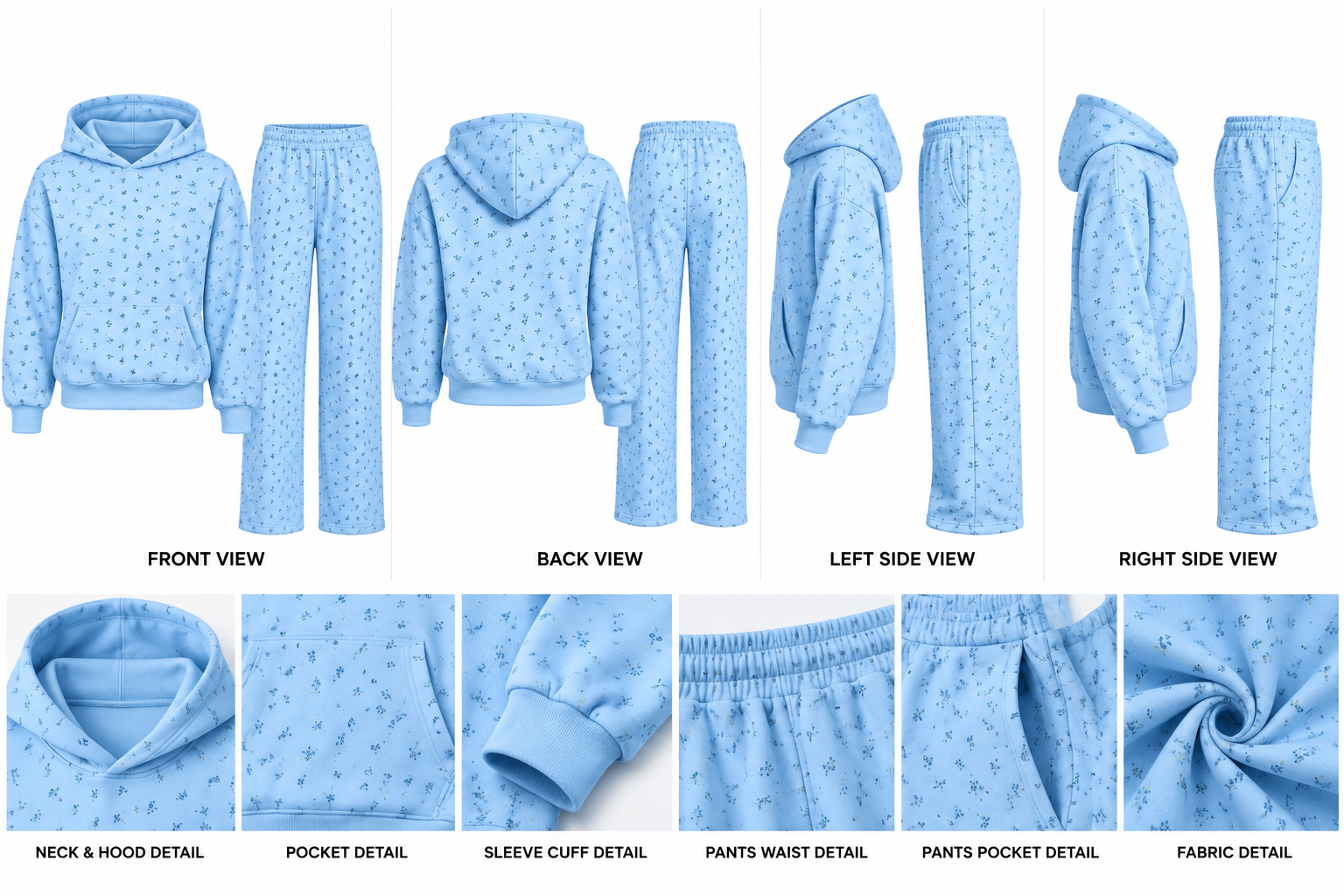 Women’s Light Blue Floral Tracksuit Set – Pullover Hoodie & Wide Leg Sweatpants image 4