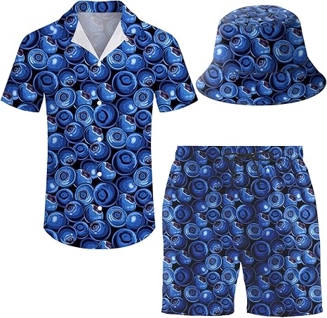 Men’s Blue Printed Summer Tracksuit Set – Short Sleeve Shirt, Shorts & Bucket Hat