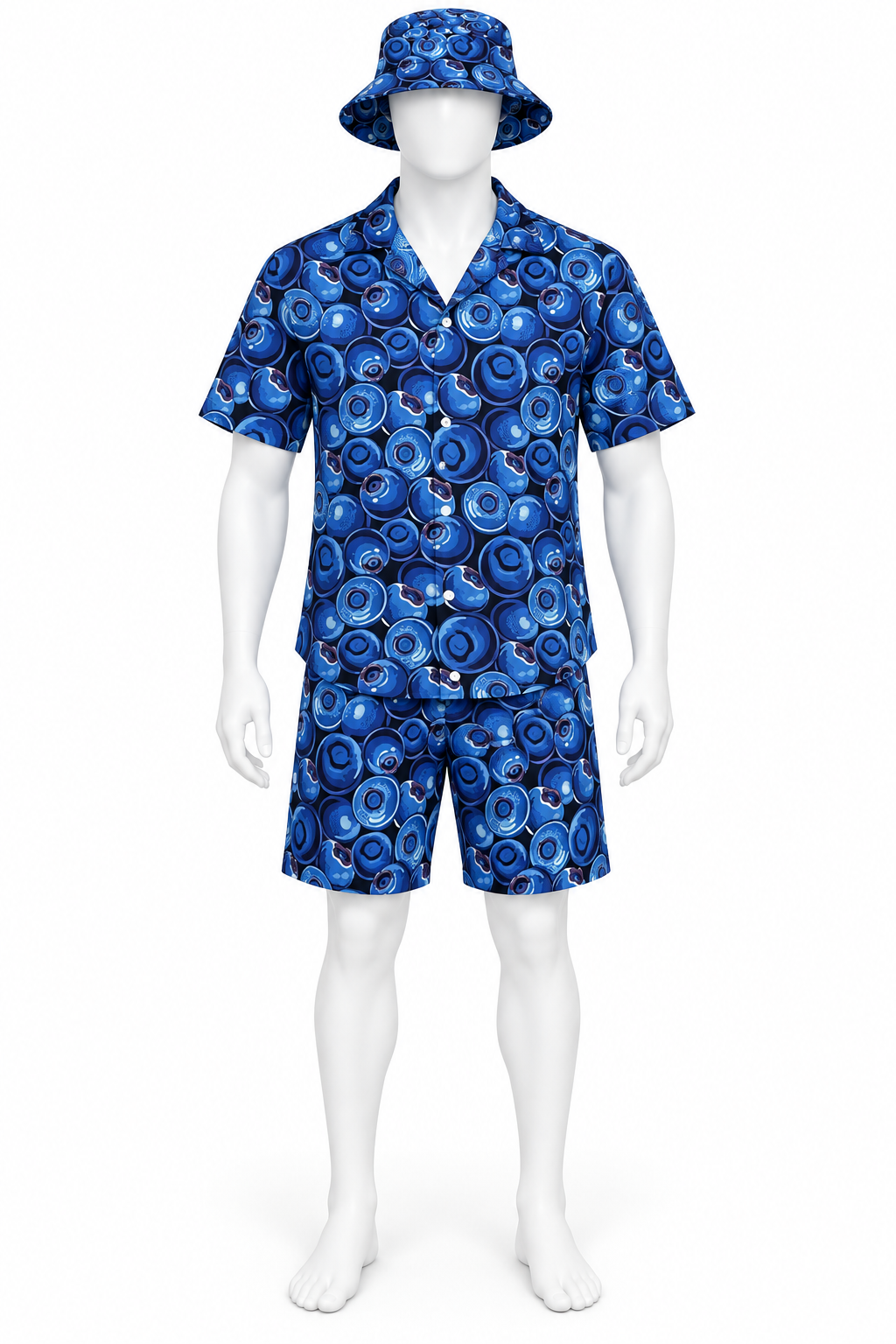 Men’s Blue Printed Summer Tracksuit Set – Short Sleeve Shirt, Shorts & Bucket Hat image 2