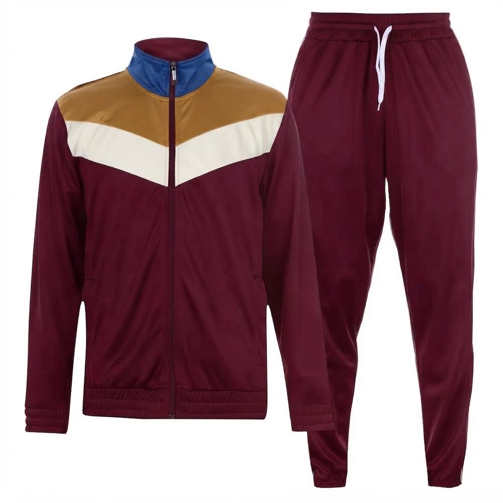 Men’s Burgundy Color Block Tracksuit Set – Full Zip Jacket & Jogger Pants