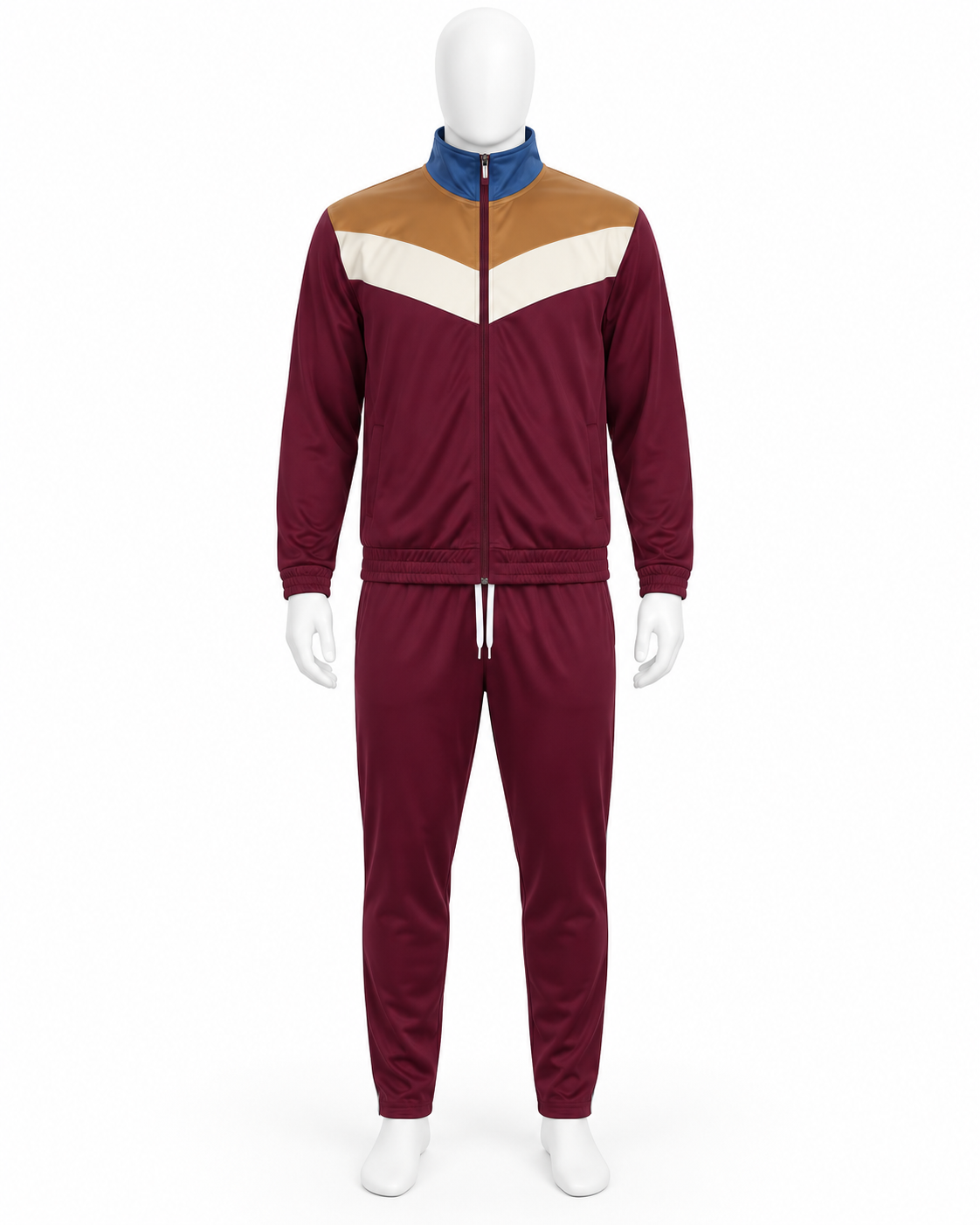 Men’s Burgundy Color Block Tracksuit Set – Full Zip Jacket & Jogger Pants image 2