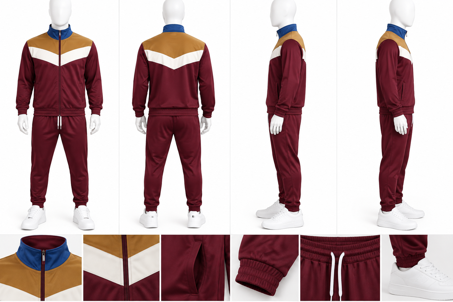 Men’s Burgundy Color Block Tracksuit Set – Full Zip Jacket & Jogger Pants image 3