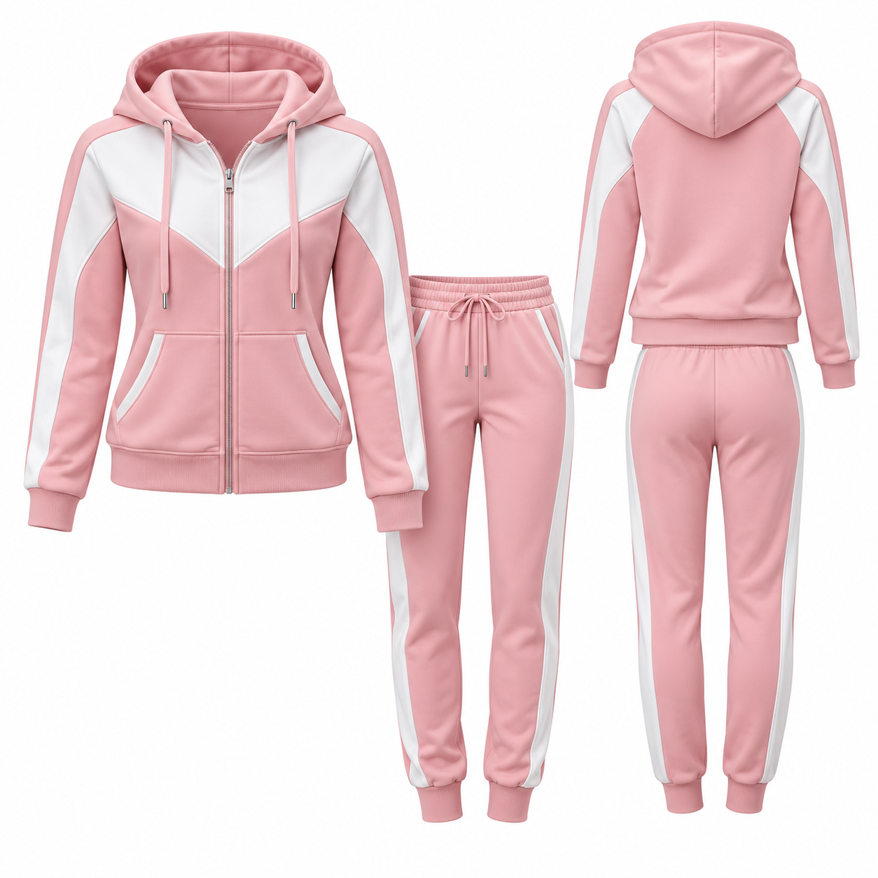 Women’s Pink & White Hooded Tracksuit Set – Full Zip Hoodie & Jogger Pants