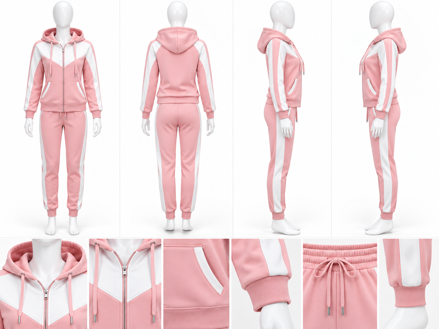 Women’s Pink & White Hooded Tracksuit Set – Full Zip Hoodie & Jogger Pants image 3