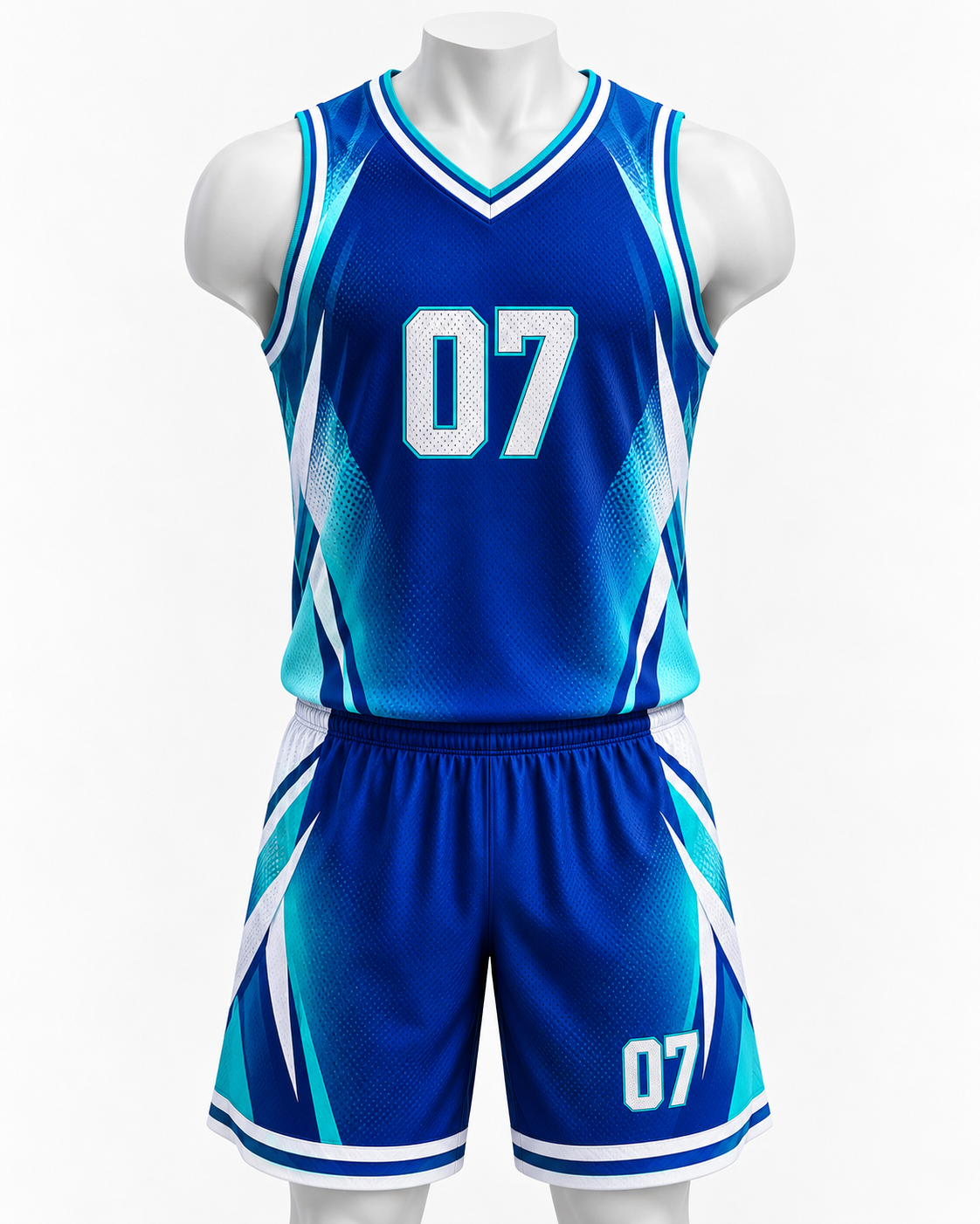 Men’s Breathable Mesh Polyester Basketball Uniform Set – Royal Blue Aqua No. 07 Jersey & Shorts