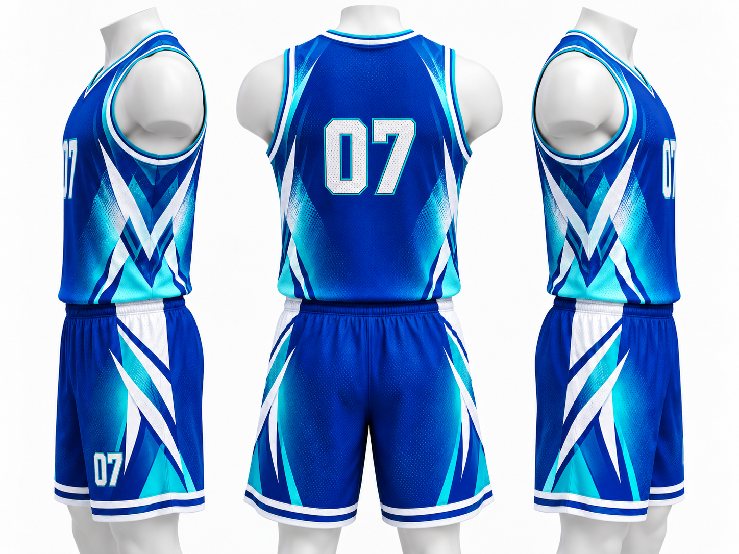 Men’s Breathable Mesh Polyester Basketball Uniform Set – Royal Blue Aqua No. 07 Jersey & Shorts image 2