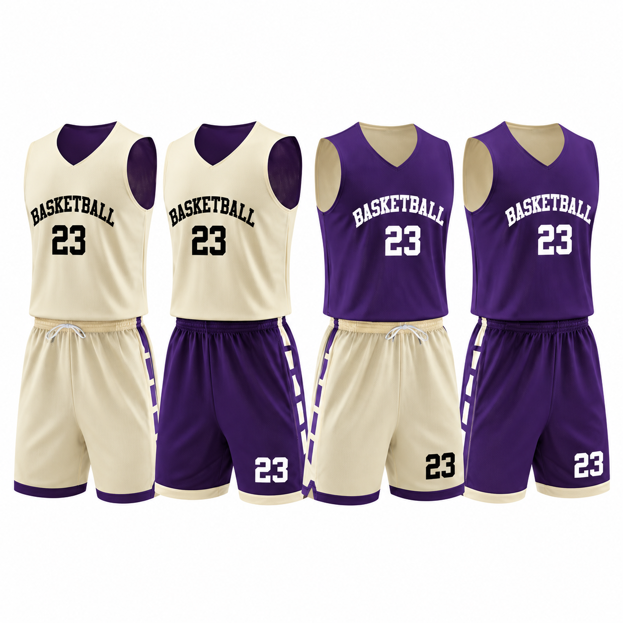 Men’s Breathable Mesh Polyester Basketball Uniform Set – Cream Purple No. 23 Jersey & Shorts