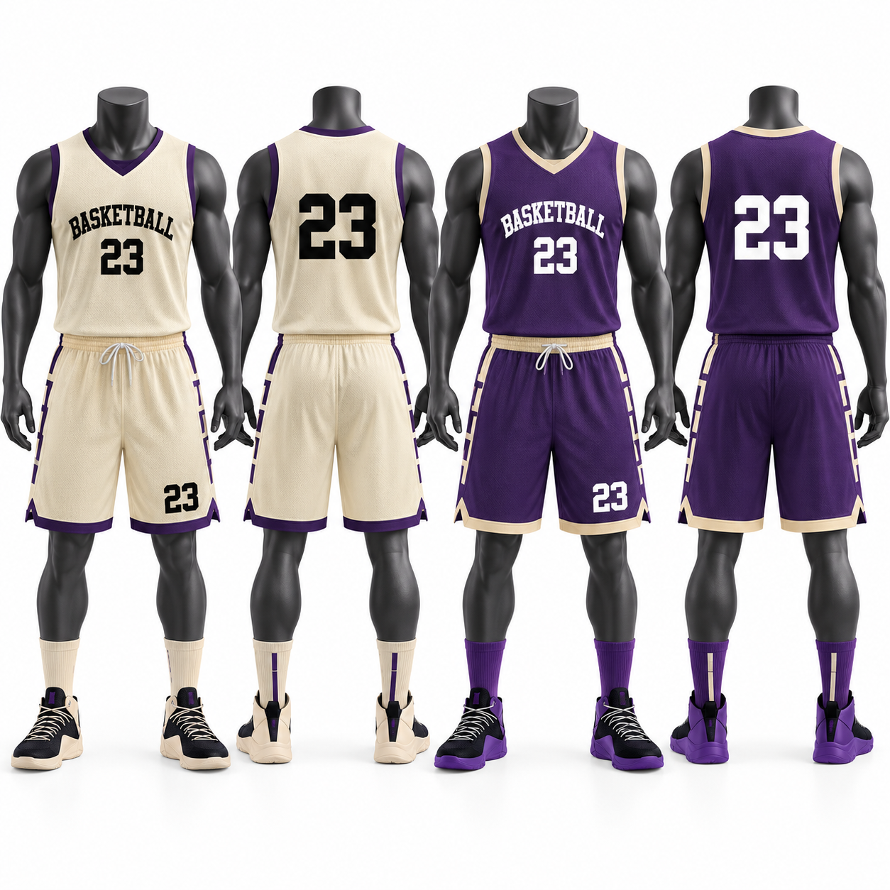 Men’s Breathable Mesh Polyester Basketball Uniform Set – Cream Purple No. 23 Jersey & Shorts image 2